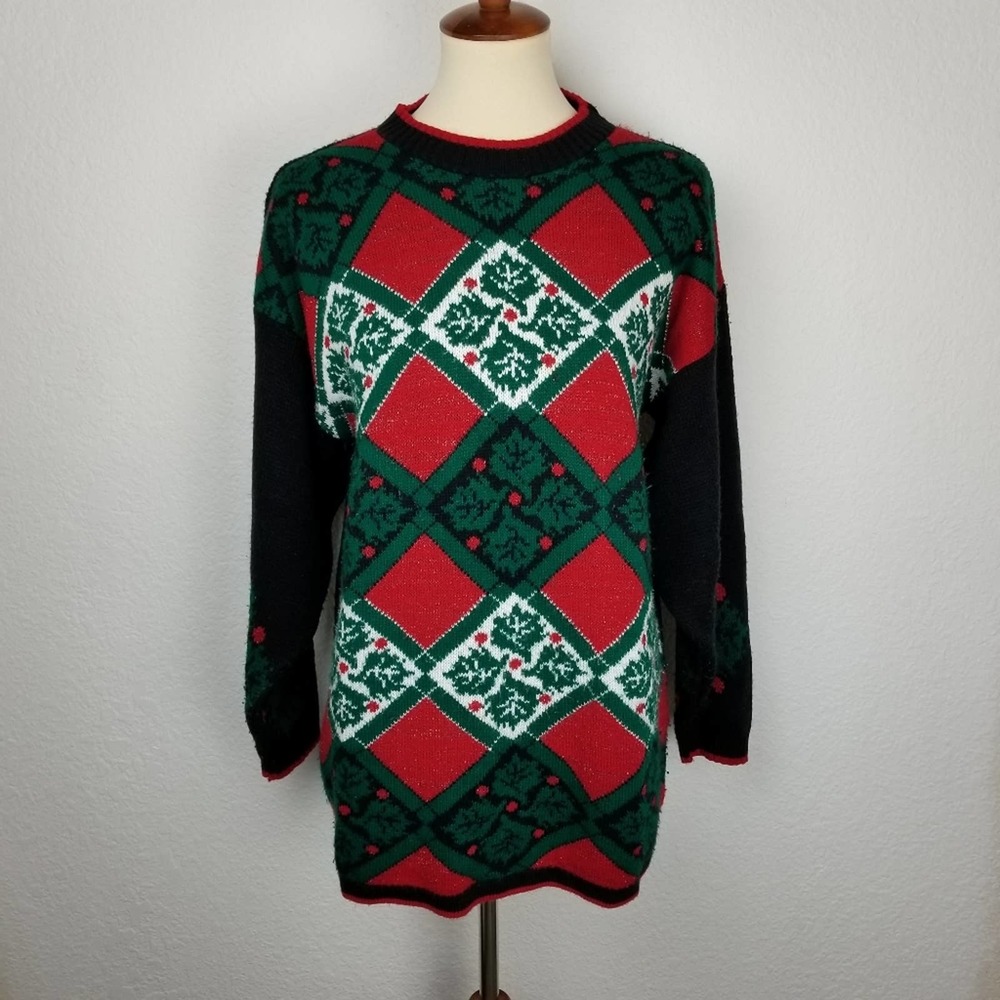 Vintage JJ Browne Christmas Holly Ugly Sweater Tunic Women's Medium Pre-Owned